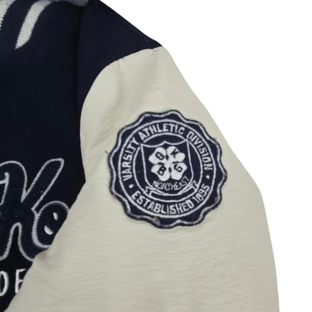 OshKosh Bgosh Boys 2T Varsity Jacket Navy Blue Faux Leather Sleeve Hooded Zip Up